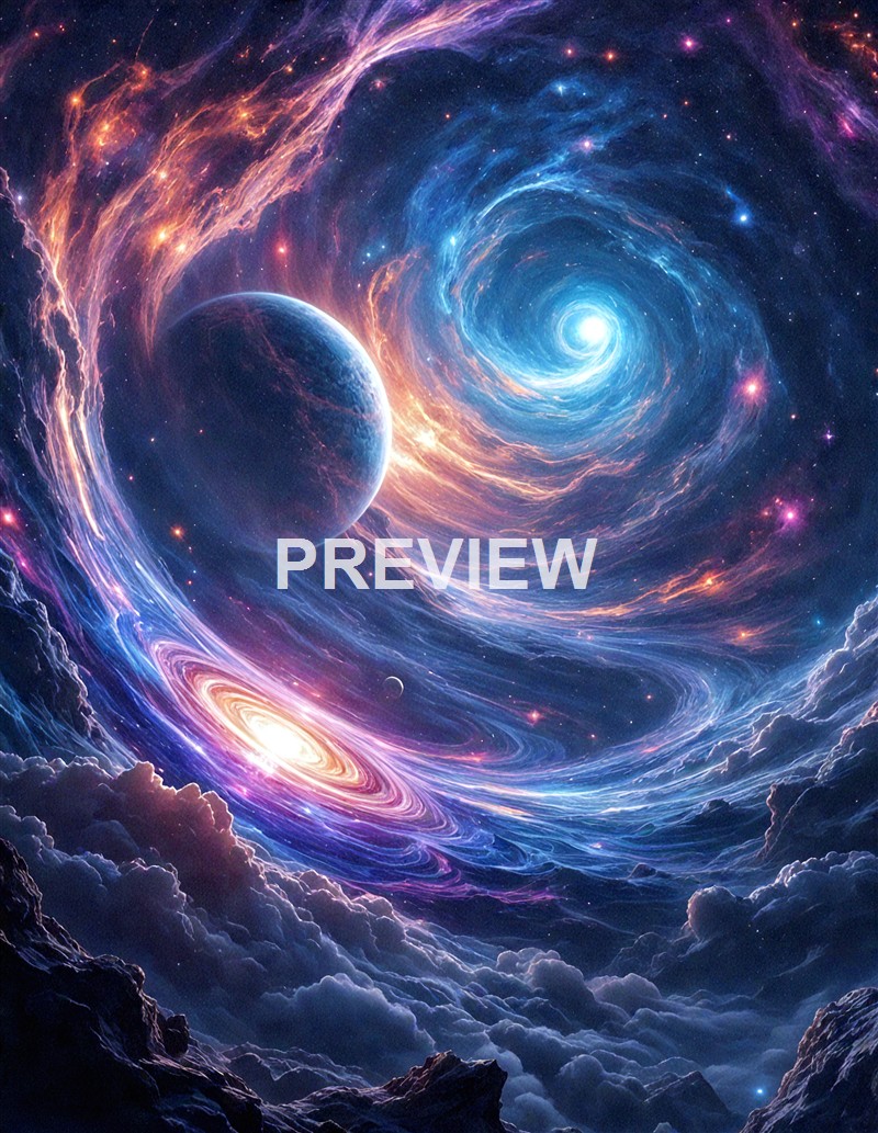 An artistic depiction of a cosmic scene featuring swirling galaxies, planets, and colorful nebulae in deep space.